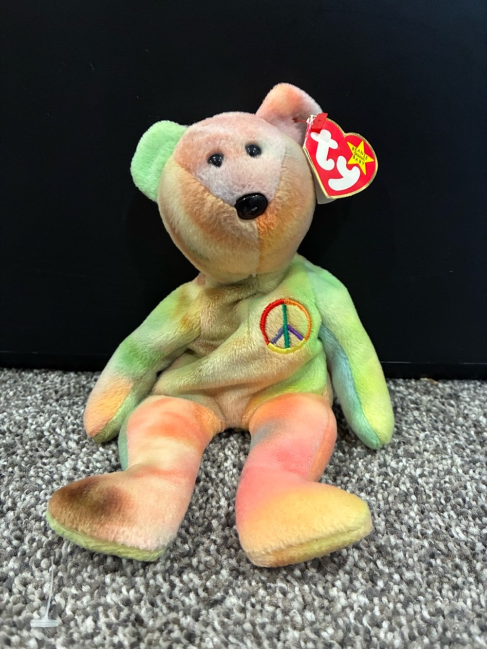Ty Tie-Dye Peace Bear Plush - Green, Orange, Pink, Yellow - Picture 1 of 3
